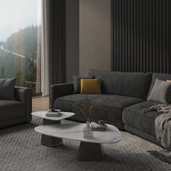 Sophisticated living room featuring elegant furniture and a scenic outdoor view in London, UK.