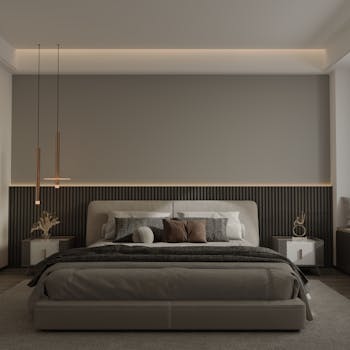 Elegant modern bedroom design in London, featuring beige aesthetics and cozy lighting.