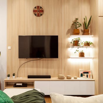 Cozy living room featuring a wall-mounted TV, wooden shelves, and potted plants.